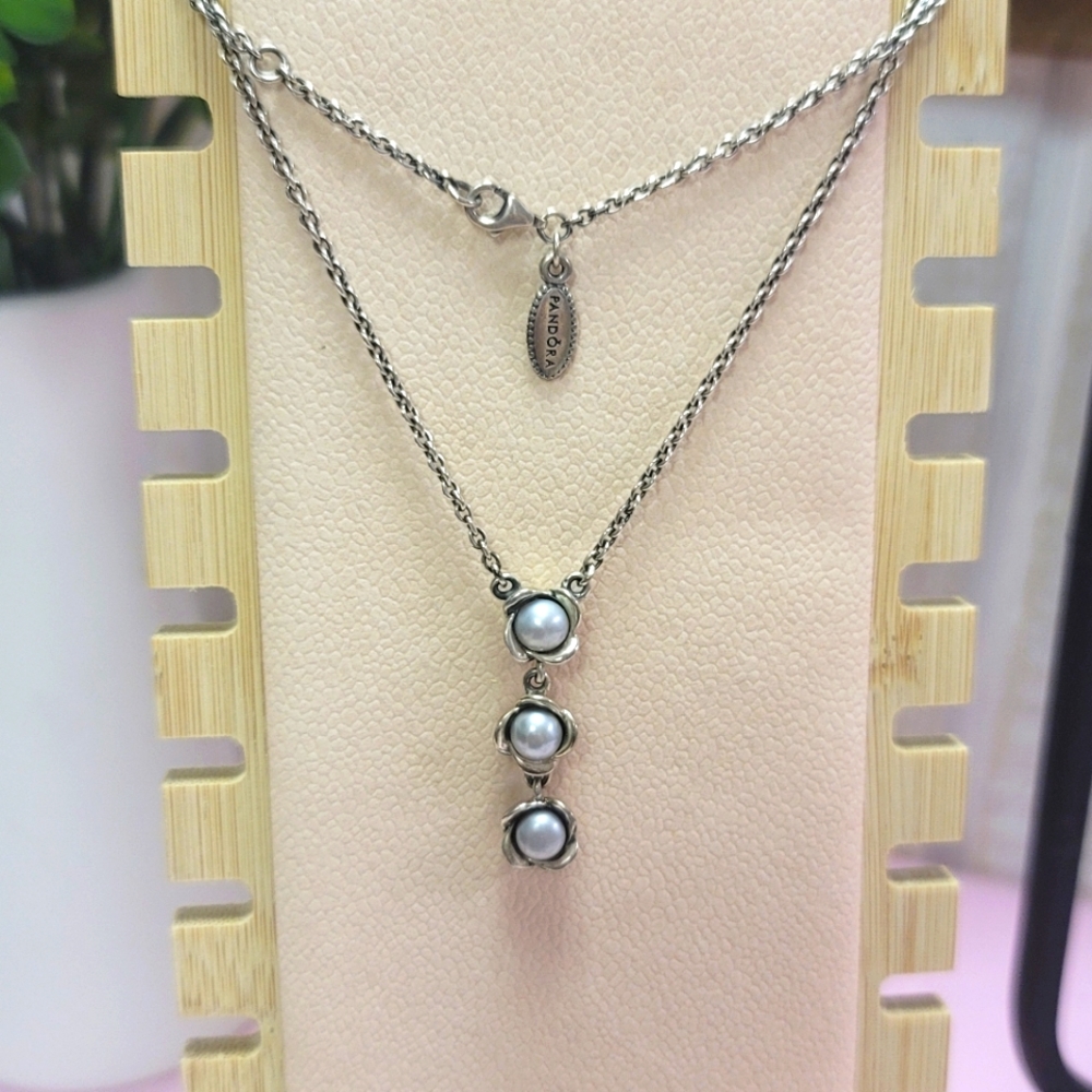 Pandora 925 Ale Sterling & Grey silver Pearl Y Necklace.